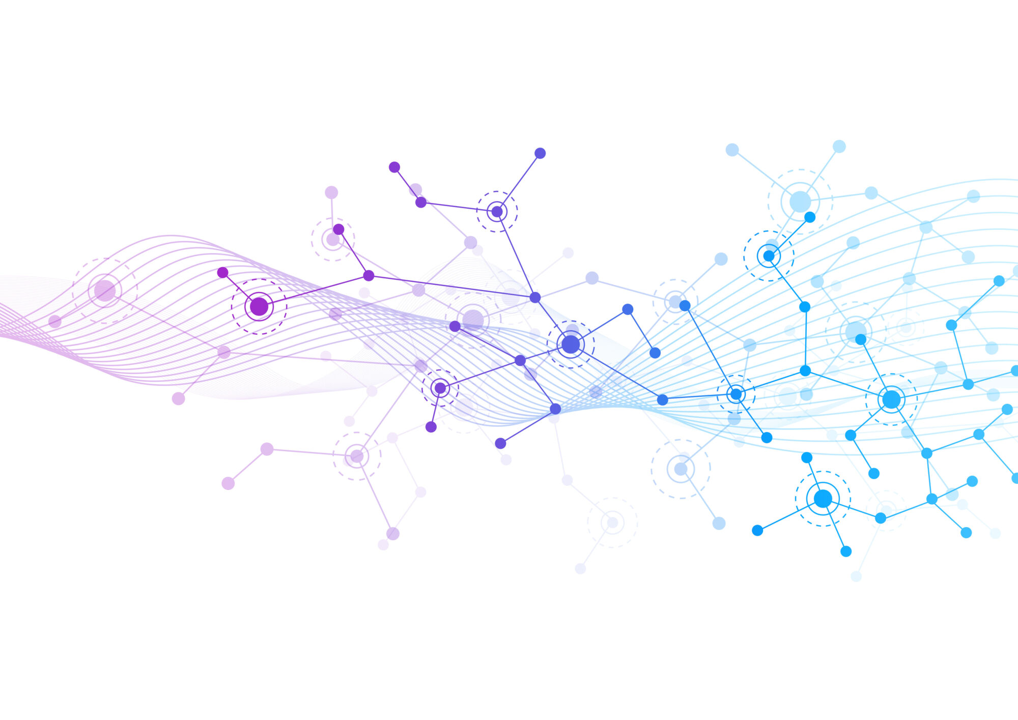 Image abstraite de réseau numérique avec des connexions et des nœuds dans des nuances de bleu et violet.