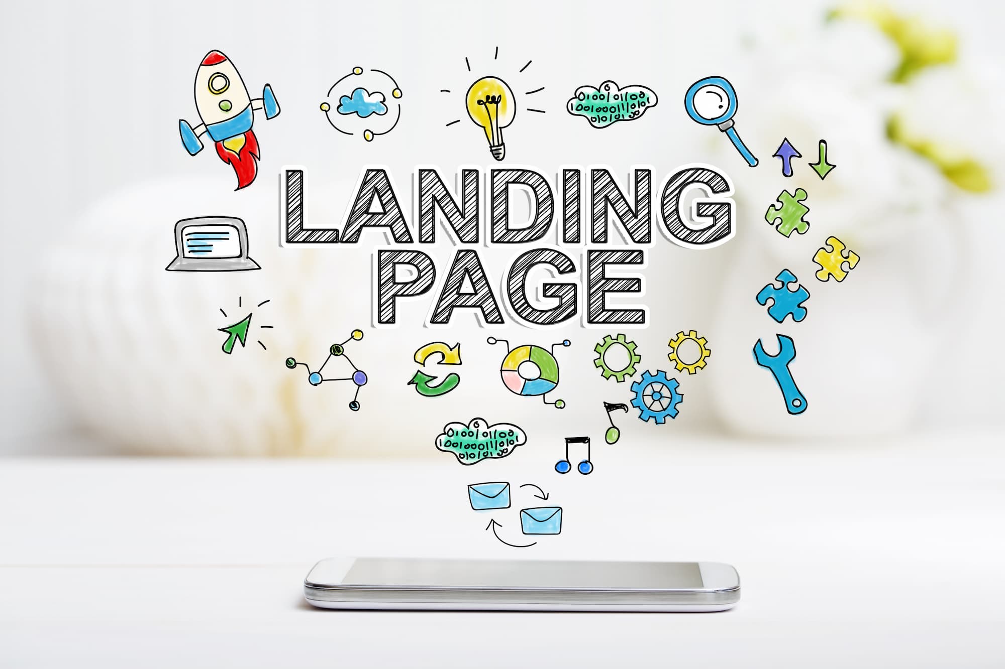 Concepts créatifs de landing page flottant au-dessus d'un smartphone.