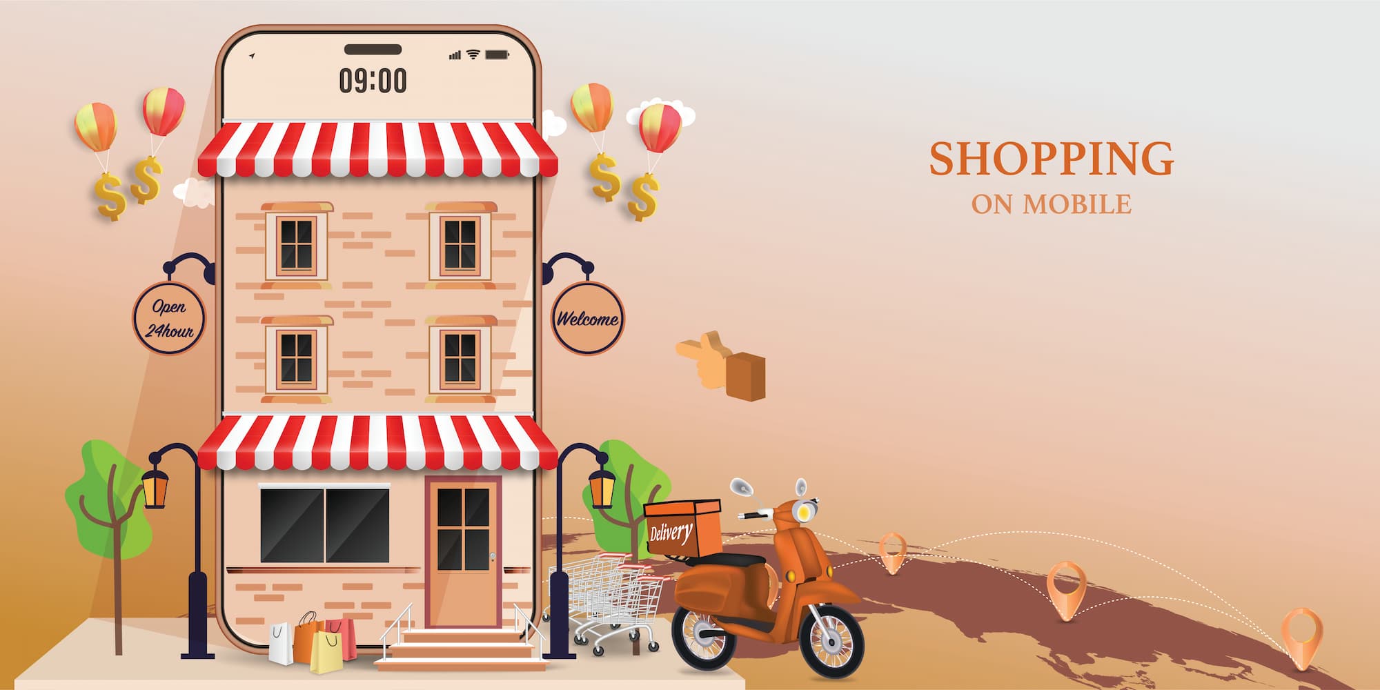 Illustration de shopping en ligne sur mobile avec une petite boutique, une livraison de scooter et des symboles monétaires.