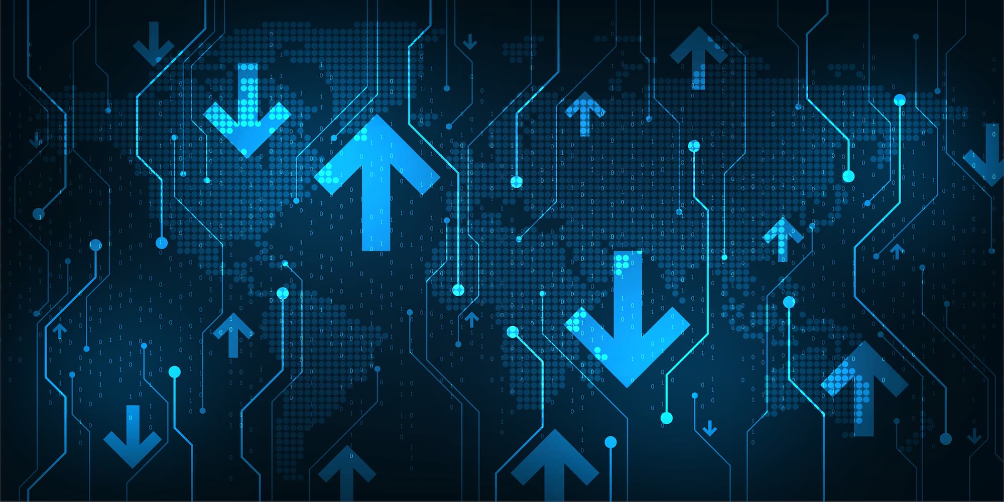 Arrière-plan abstrait de flèches bleues montantes et descendantes sur un circuit électronique numérique.