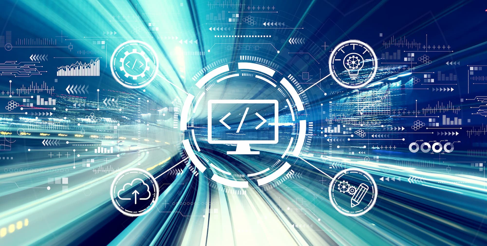 Visualisation futuriste de programmation et de développement web avec des icônes de code et technologie en mouvement.