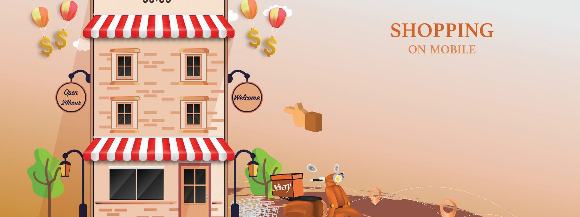 Illustration de shopping en ligne sur mobile avec une petite boutique, une livraison de scooter et des symboles monétaires.