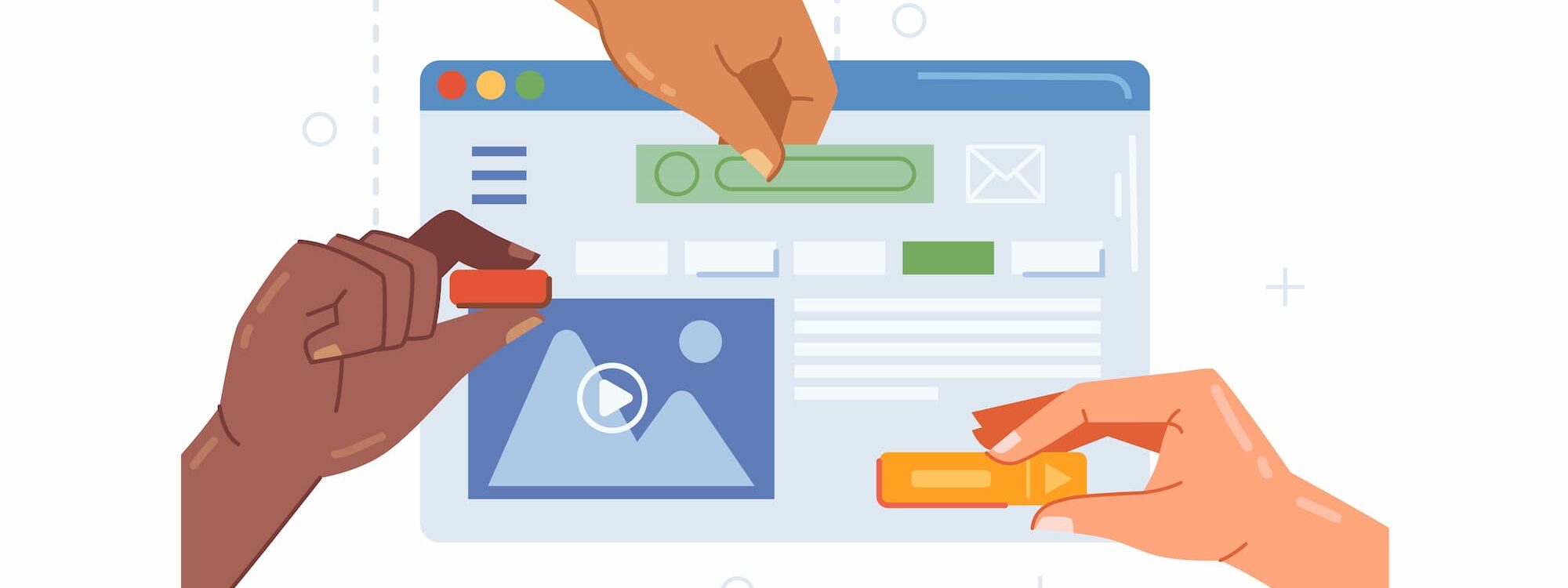 Illustration de mains construisant une maquette de site web avec des éléments interactifs sur un fond clair.