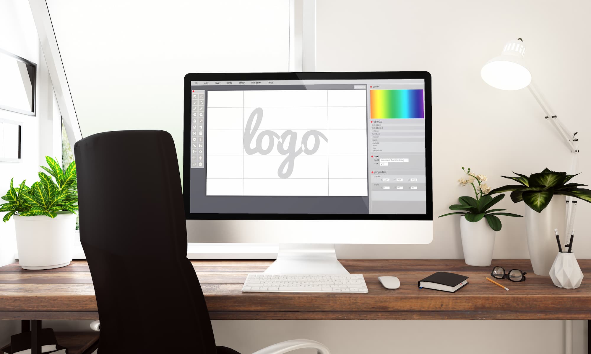 Espace de travail pour la création de logo avec un ordinateur montrant l'interface d'un logiciel de design graphique