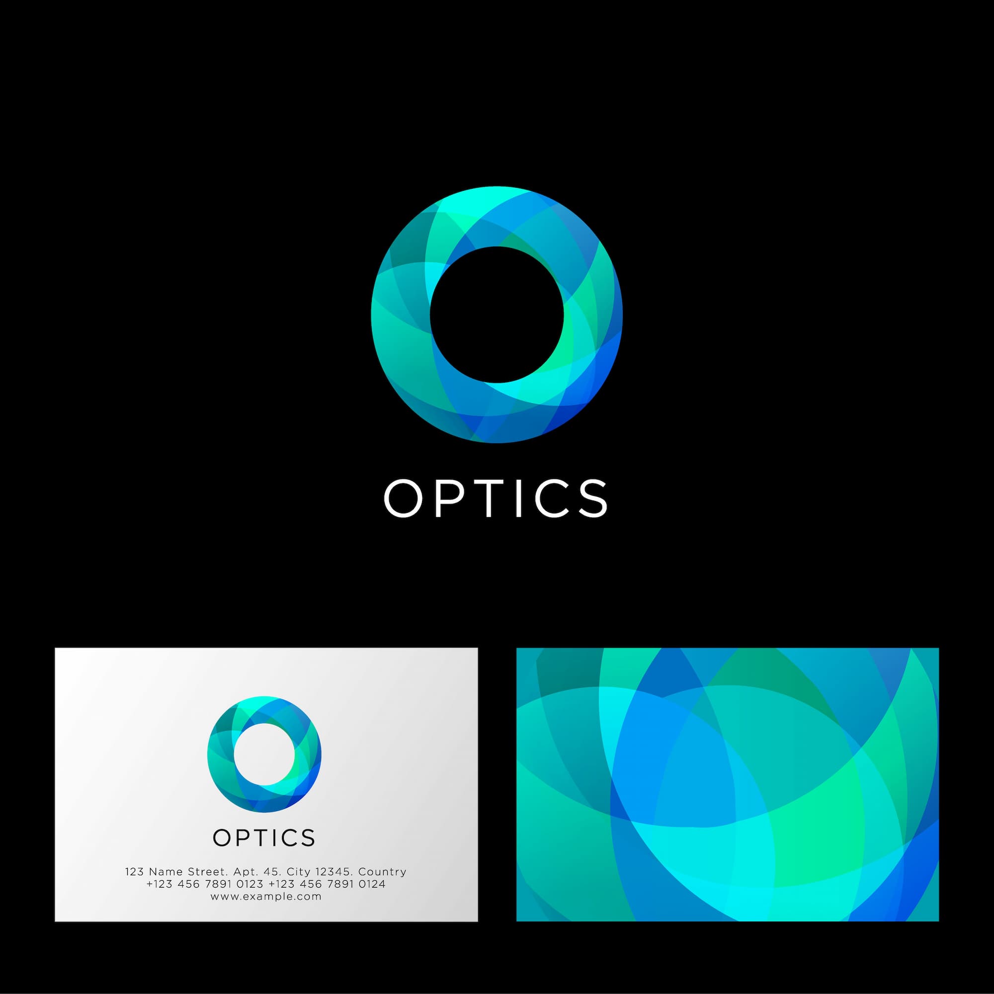 Conception de logo pour une entreprise nommée 'OPTICS' avec un effet de kaléidoscope bleu sur fond noir