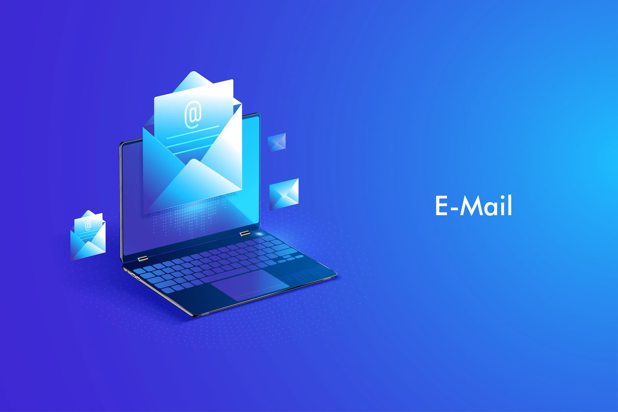 Concept graphique d'envoi d'email avec ordinateur portable et enveloppes numériques sur fond bleu.