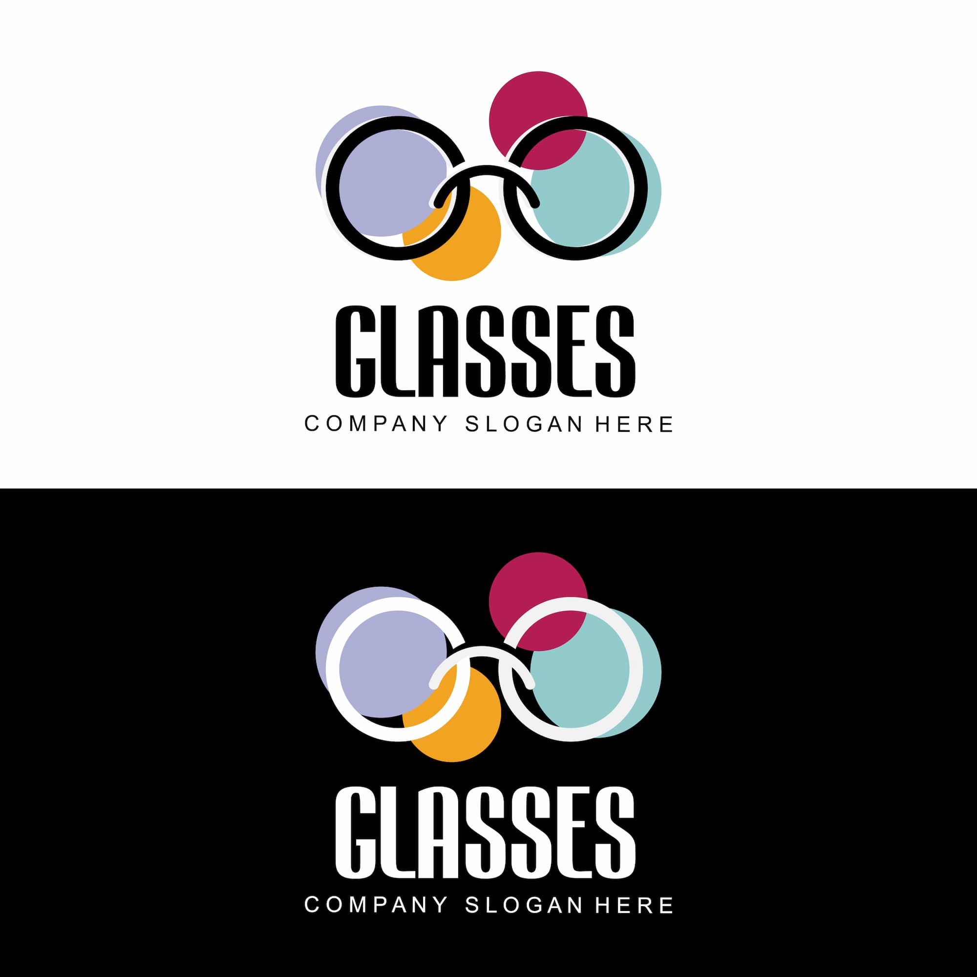 Modèle de logo pour entreprise d'optique avec trois cercles colorés et texte en dessous