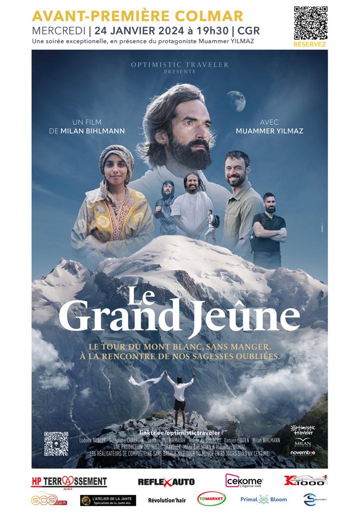 Affiche de film 'Le Grand Jeûne' avec des personnages devant le Mont Blanc.