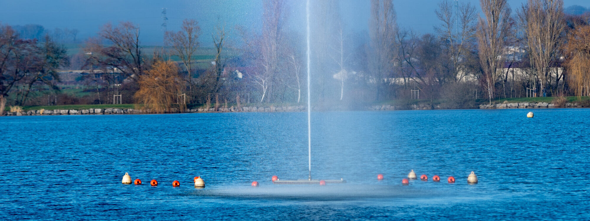 Jet d'eau dans un lac avec arbres et montagnes en arrière-plan sous un ciel bleu.