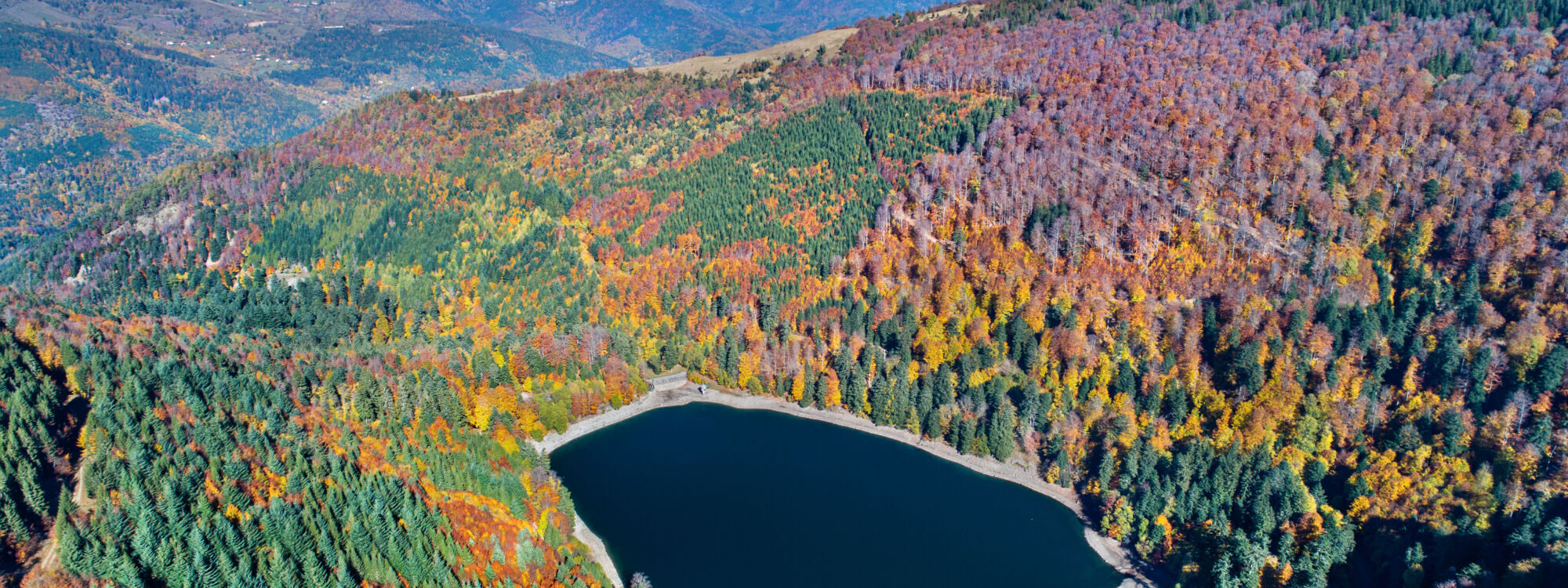 Vue aérienne d'un lac de montagne entouré de forêts aux couleurs d'automne.