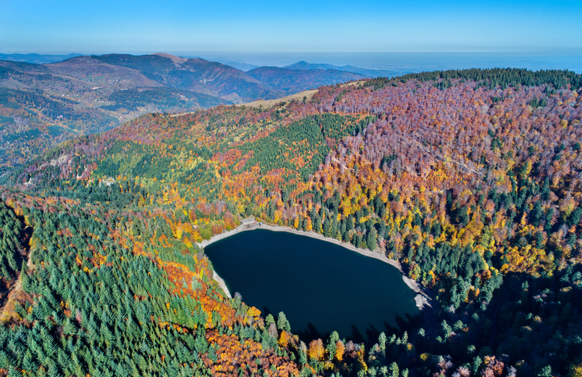 Vue aérienne d'un lac de montagne entouré de forêts aux couleurs d'automne.