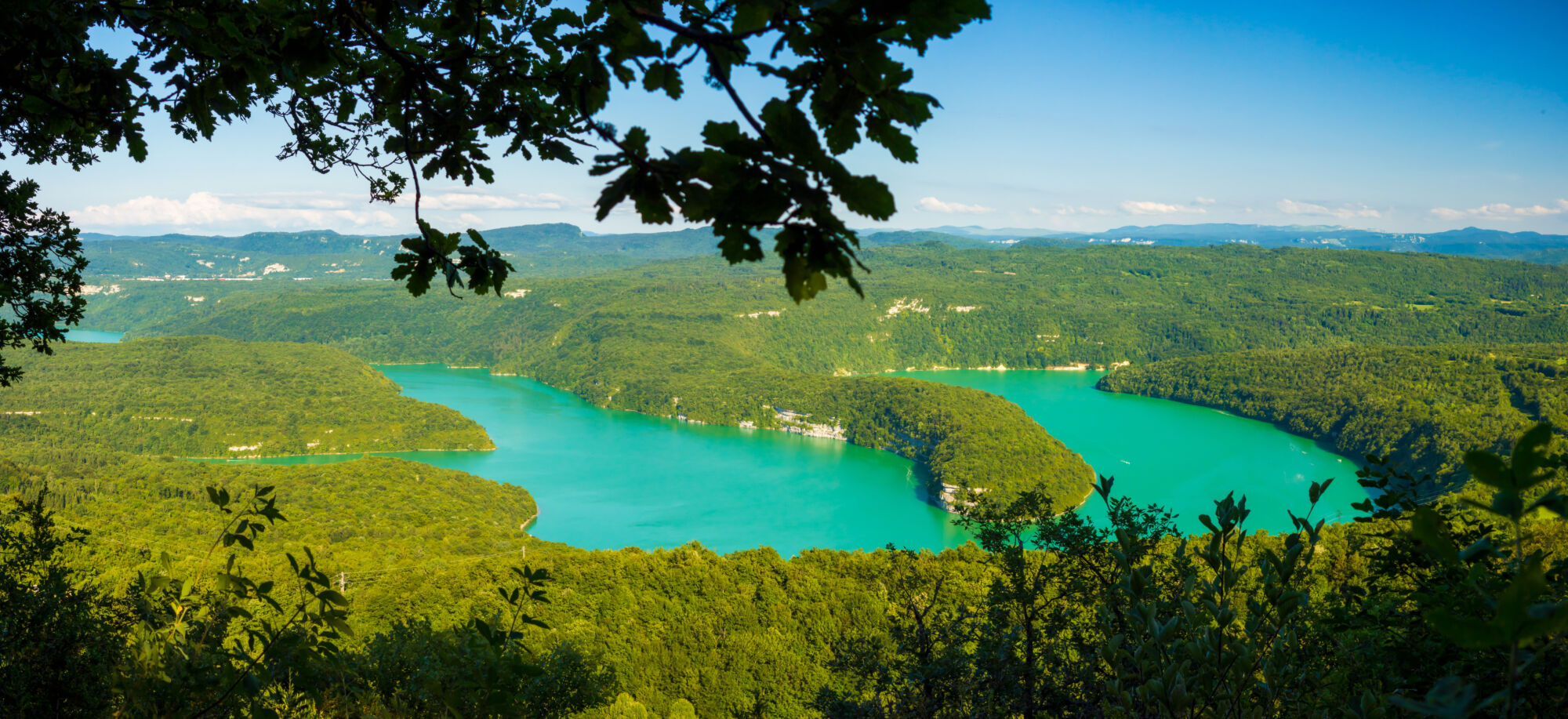 Vue panoramique sur un lac sinueux entouré de forêts vertes.