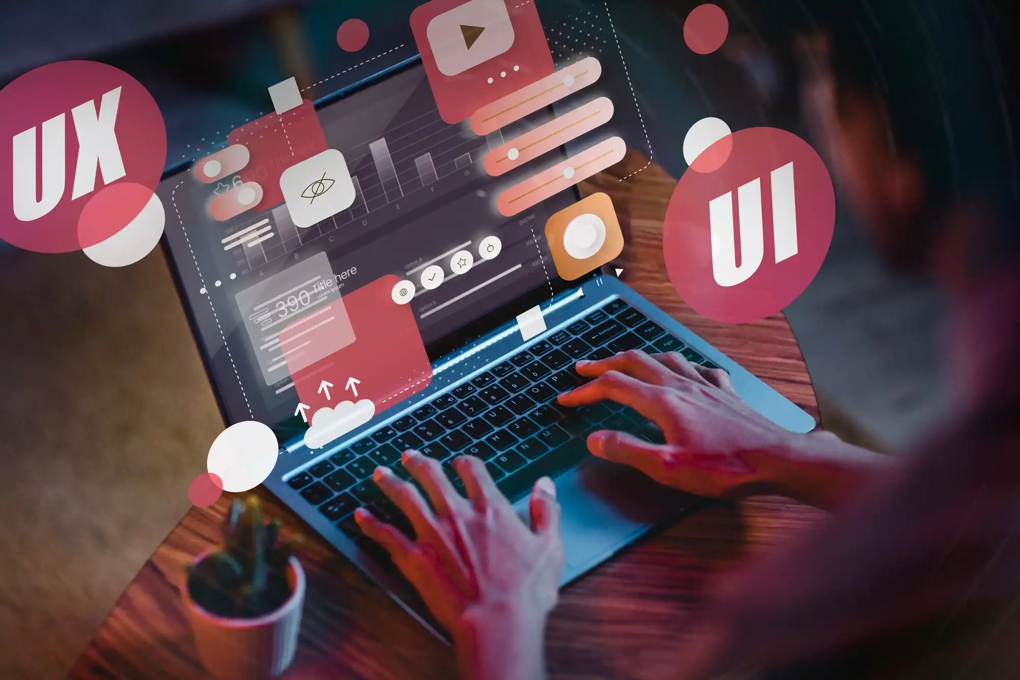 Concept de conception UX/UI avec une personne travaillant sur un ordinateur portable et des éléments d'interface flottants en surimpression.